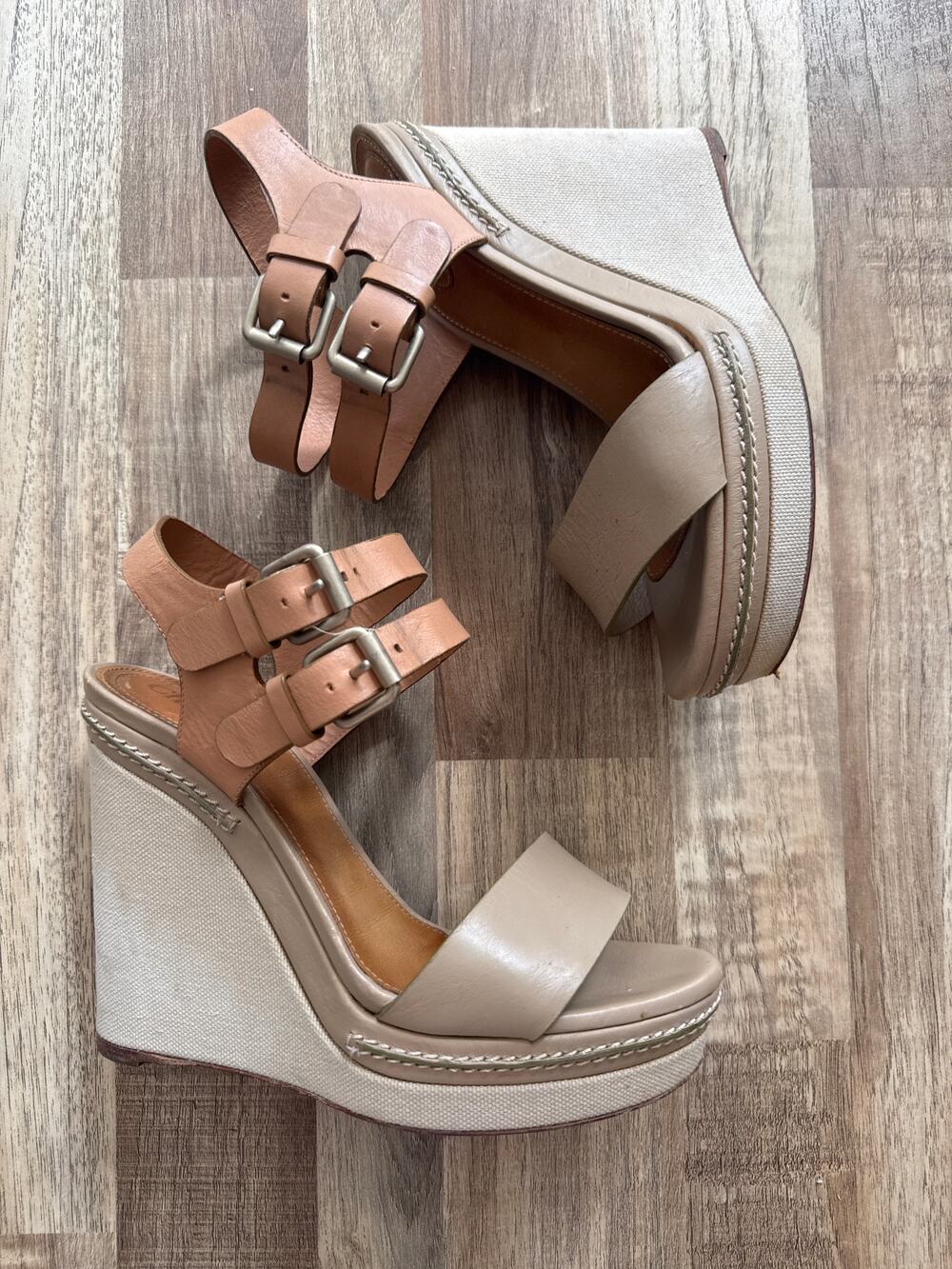 Chloe Leather and Canvas Wedges size 38 in Tan and Brown